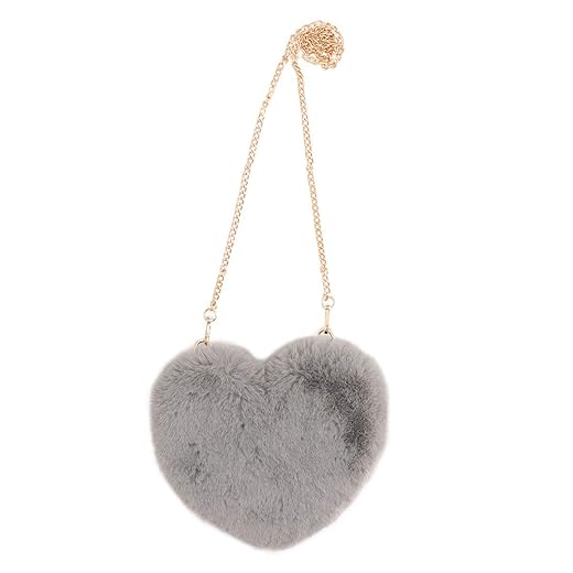 surell - Faux Rex Rabbit Fur Heart Shaped Bag - Fuzzy Crossbody Bag - Cute Fluffy Love Bag with Heart - Luxurious Vogue Fashion Purse Gift - Kawaii Love Tote Bag - Stylish Mod Handbag - (Grey)