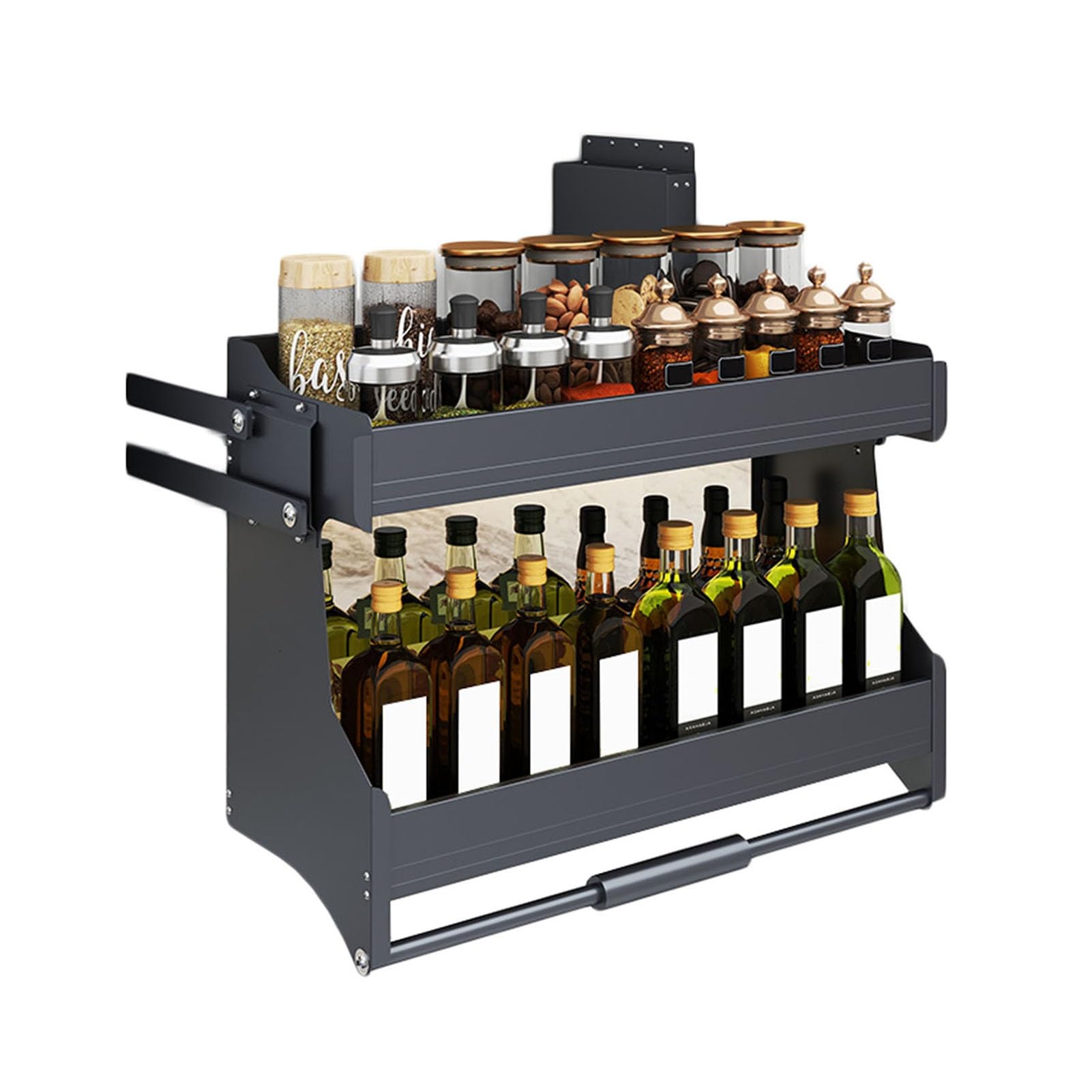 IUokLU Sliding Cabinet Organizer, Pull Down Spice Rack with Lift-Up Shelf, Hanging Mount Storage Solution for Cabinets - Maximize Kitchen Space(760-770mm)