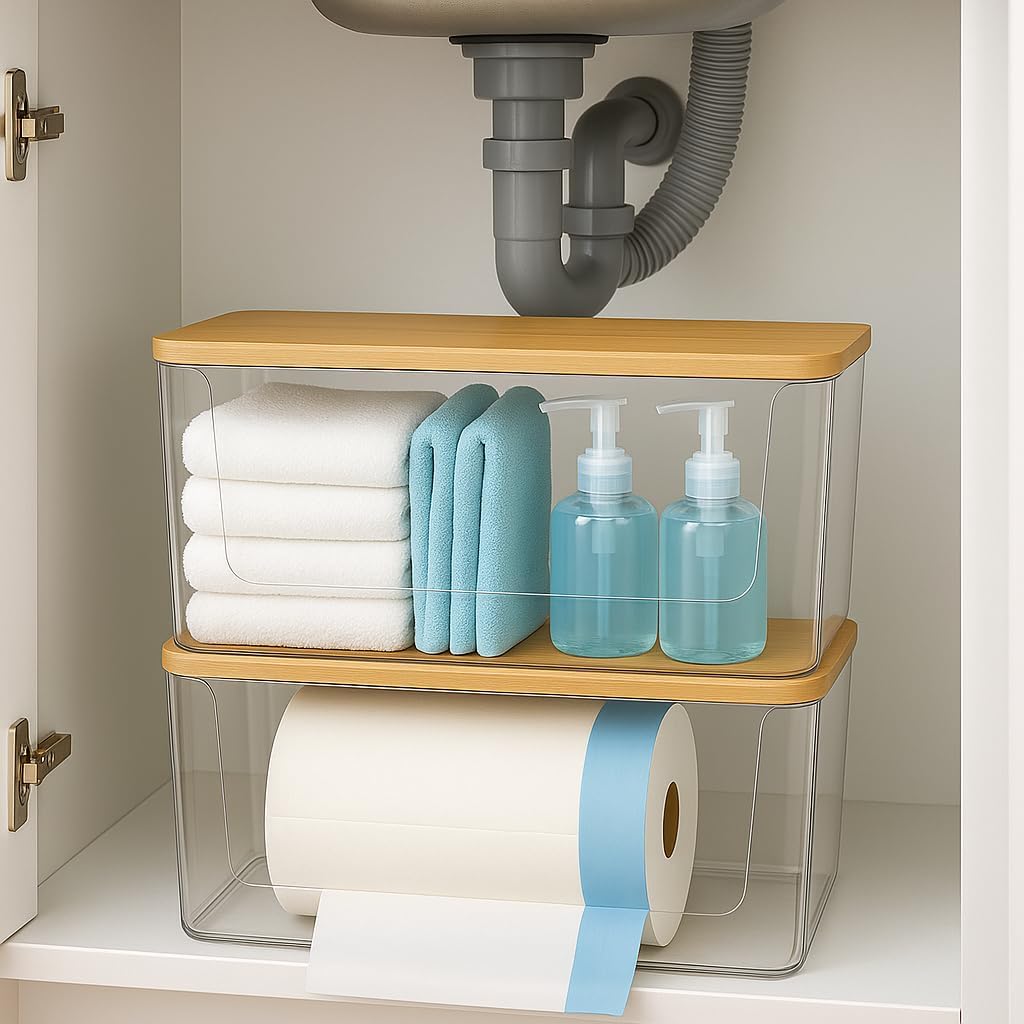 Trash Bag Holder with Bamboo Lid - Stackable Under Sink Organizer & Garbage Bag Dispenser for Kitchen Organization - Large Plastic Holder for Laundry Room, Pantry, Bathroom, Cabinets, 1 Pack - Image 3