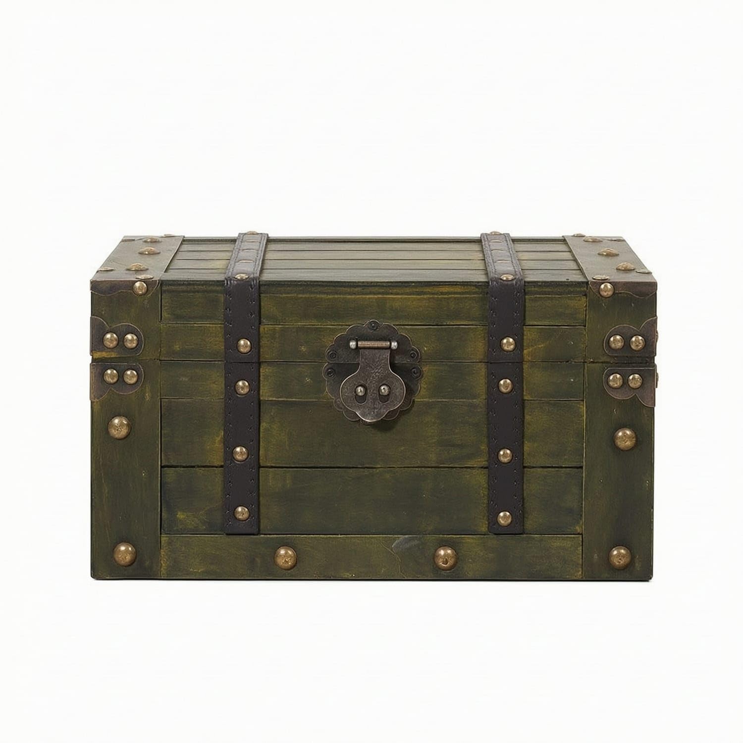 Vintage-Style Storage Trunk with Hinged Lid Antique-Inspired Wooden Trunk Decorative Storage Chest Rustic for Collectors, Photographers, Living Room, Escape Rooms, Cabins, Antique Green, L-image-10