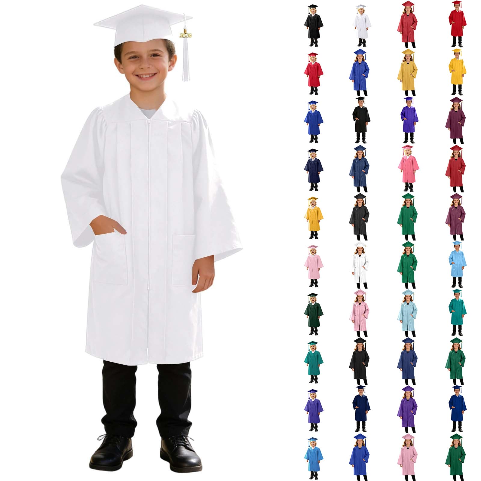 3 Piece Graduation Set for Kids, Gown, Cap, Gold 2026 Tassel, Unisex Boys Girls Preschool Kindergarten Primary School Graduation Gown and Cap Dress Up Props Costume, 44-White