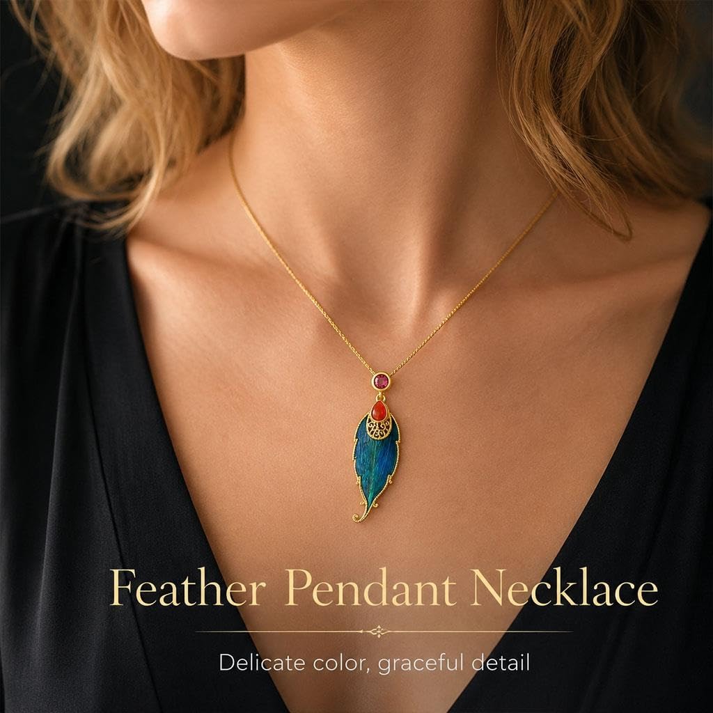 Set Gioielli Con Ciondolo Piuma Blu, Collana E Orecchini A Bottone
