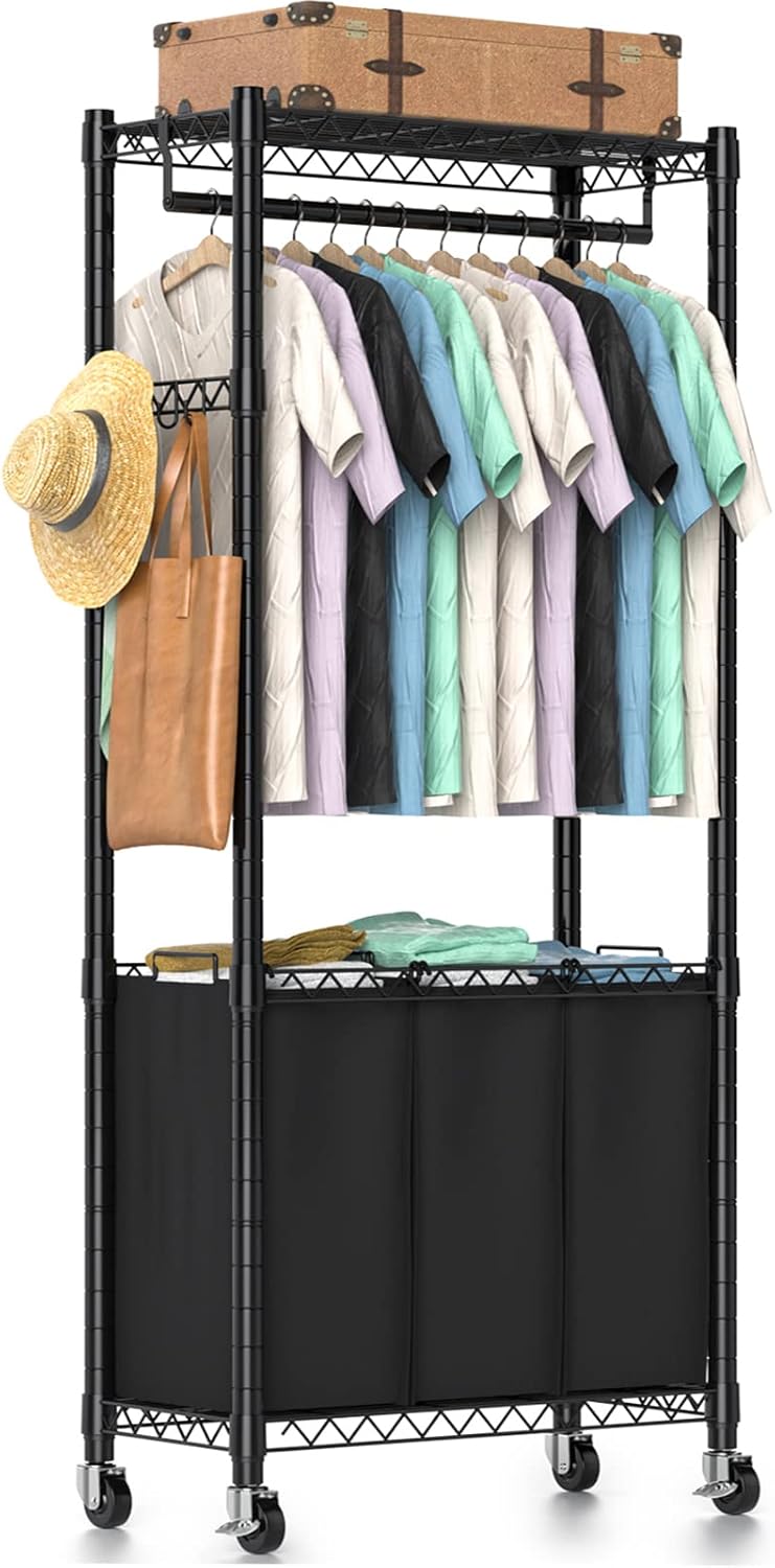 Hodonas Laundry Basket with Wheels and Hanging Rod, Rolling Laundry Hamper Large 3