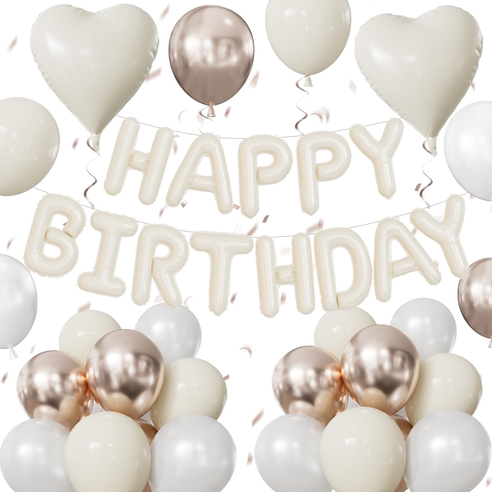 Adeyoo Cream Happy Birthday Balloons Banner - Big Beige Heart Foil Letter Balloon Banner with 12 Inch Metallic Pearl Sand White Balloons for Women Men Birthdays Boho Neutral Party Decorations