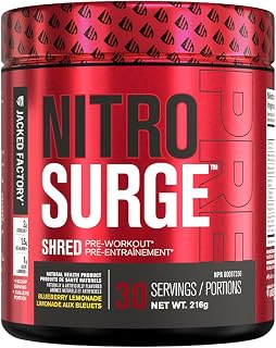NITROSURGE Shred Thermogenic Pre Workout Supplement - Energy Booster, Instant Strength Gains, Sharp Focus, Powerful Pumps - Nitric Oxide Booster & PreWorkout Powder - 30Sv, Blueberry Lemonade