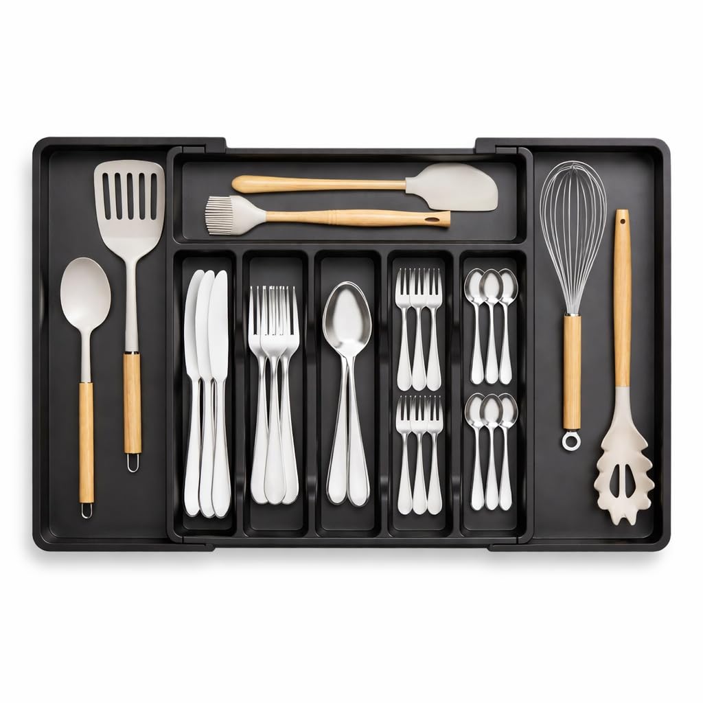 KitchAntique Expandable Cutlery Organizer for Kitchen Drawer | Adjustable Utensil, Spoon, Fork, Spatula, Knife Storage Plastic Divider Tray 8 Compartments | BPA Free - Black