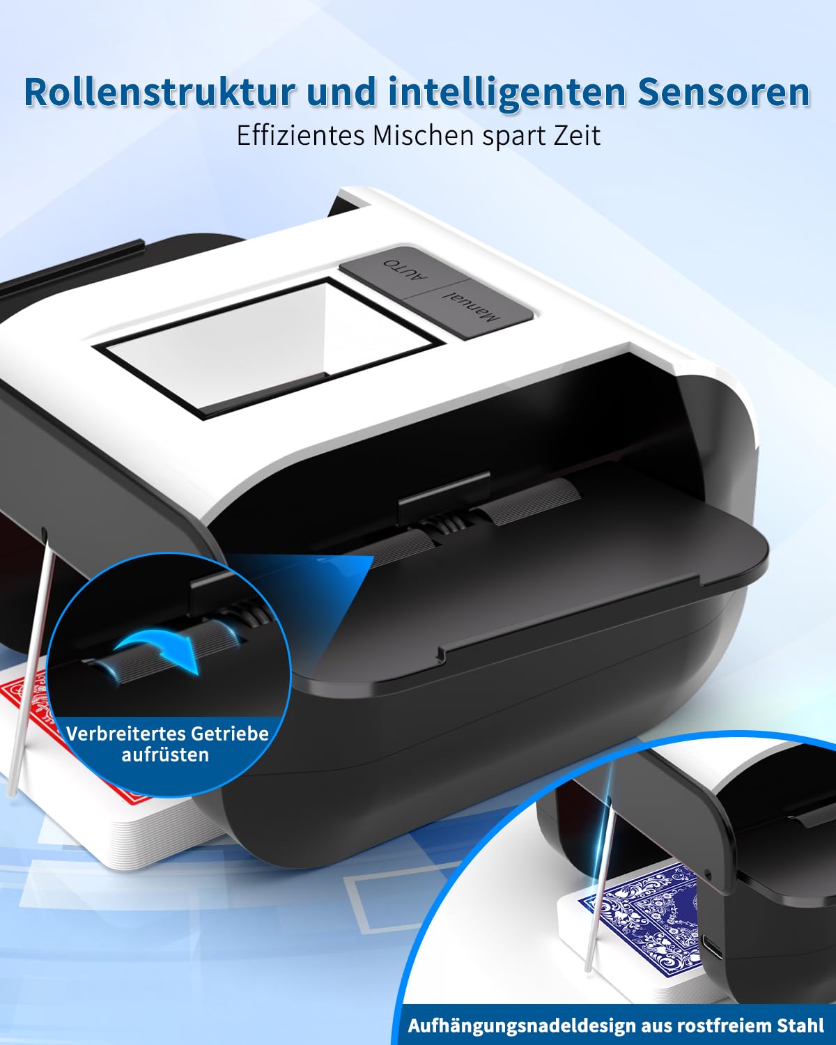 Kartenmischmaschine, Automatischer Kartenmischer für 1–2 Decks, Elektrische Mischmaschine Karten mit 2000mAh Wiederaufladbarer, Geräuscharm kartenmischgerät für UNO Skip Bo Kartenspiel Poker Phase10