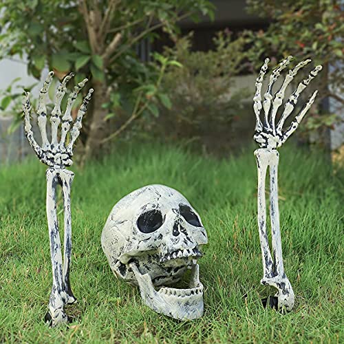 Realistischer Totenkopf- und Skelett-Arme, Totenkopf-Skelett-Pfähle, für den Außenbereich, Halloween, für Garten, Hof, Rasen, Gruseliger Bodenbrecher für Spukhaus, Party, Zubehör, 3 Stück Cover