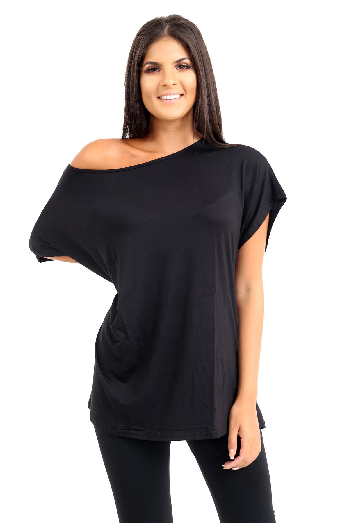 Hamishkane Women's Black Hamishkane® Bardot Baggy Style Oversized T Shirt For - New Plain Off The Shoulder Batwing Top, Fashionable Tops For Casual Party Wear