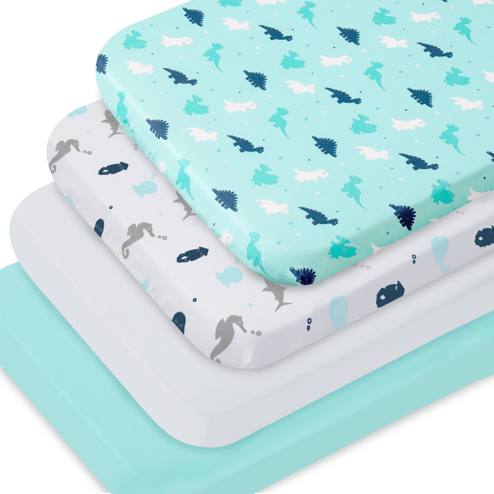 Bassinet Sheets 4 Pack Fit for Fodoss, Cloud Baby, RICUTON, Yacul, VaVaSoo Rocking, Simmons Kids Bassinet(not for Twins) and Graco Travel Lite, Ultra Soft Skin-Friendly, Aqua Dinosaurs & White Ocean