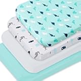 Bassinet Fitted Sheets 4 Pack Compatible with YADAQE, Foalom, Besrey, Evolur Stellar, Jimglo, Milliard and TCBunny Bassinet, Ultra Soft and Skin-Friendly, Aqua Dinosaurs & White Ocean