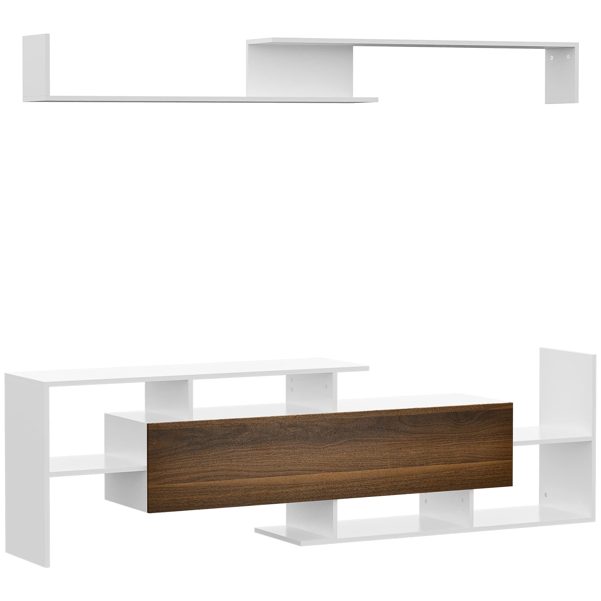 HOMCOM Ensemble Meuble TV avec Banc et étagère Murale Style Contemporain 153,6L cm - Blanc et Marron