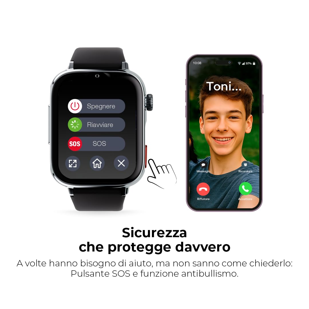SaveFamily SaveWatch Plus 2 | Smartwatch per Bambini con Localizzatore GPS, Chiamate, Video, WhatsApp, Spotify, App Store - Quadrante Nero e Cinturino in Silicone Nero