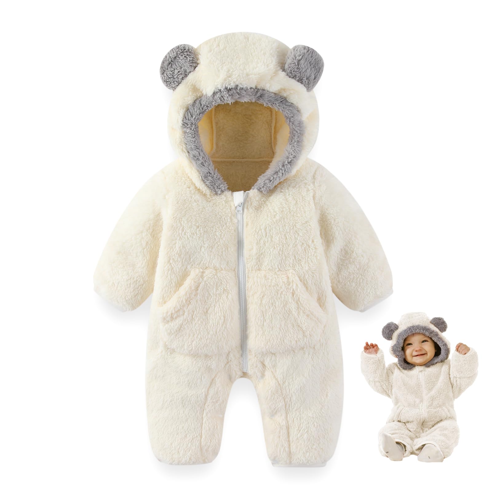 XIFAMNIY Newborn Winter Snowsuit Baby Bear Outfit Fleece Warm Jumpsuit Outwear Romper Clothes for Infant Girls Boys