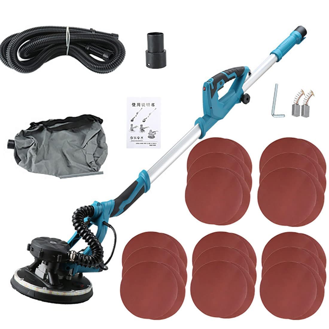 Electric Drywall Sander 1800w - Rotating Sanders for Walls with Extensible Handle, 5 Variable Speeds, 100 Sandpad, 2m Hose & Dust Bag - Wall Sander for Efficient Sanding and Dust Collection