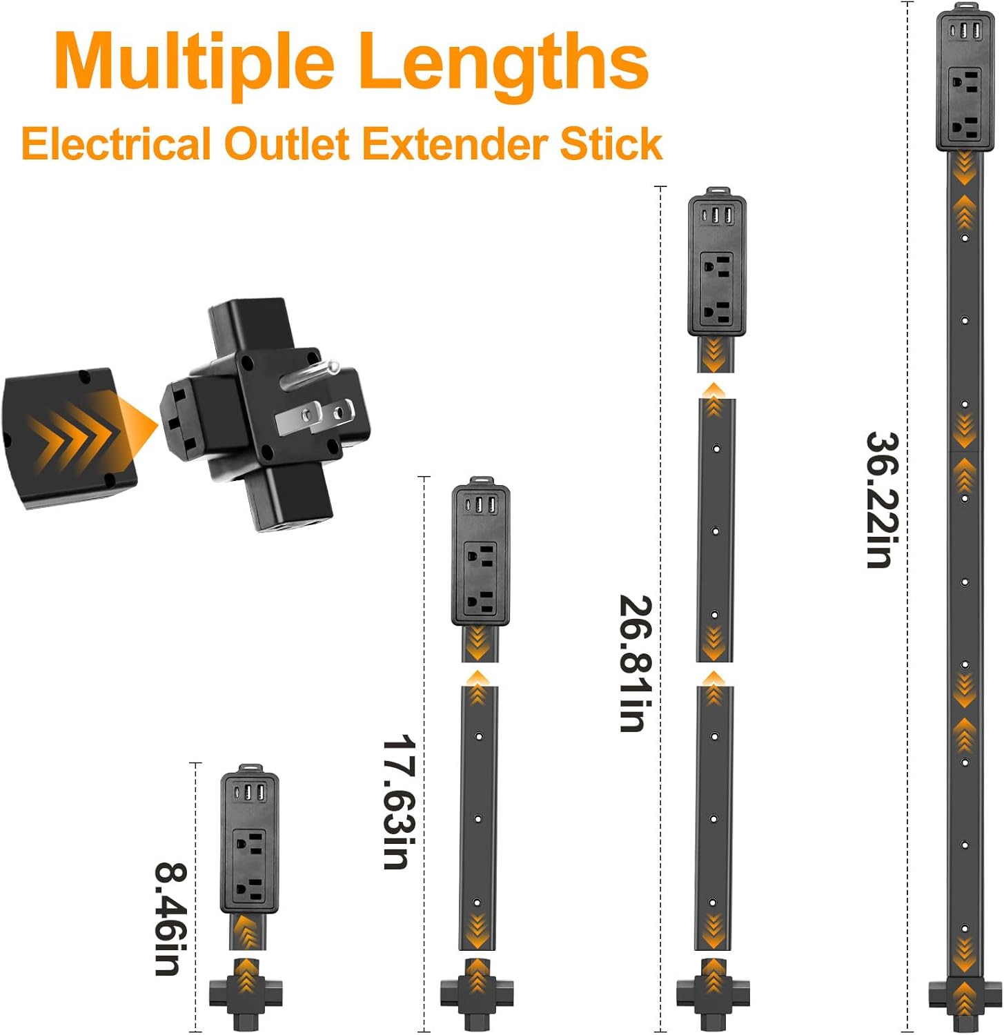 Electrical Outlet Extender Stick 8"-36" Modular Expandable Power Extender Stick 360° Access Hard-to-Reach Outlets for Home Office Dorm Room Behind Furniture,Black