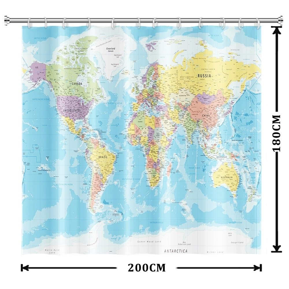 Tenda da doccia con mappa del mondo Tenda da bagno con oceano blu e continenti Mappa del mondo Geografia Tenda da doccia Tessuto impermeabile lavabile in lavatrice 200x180cm