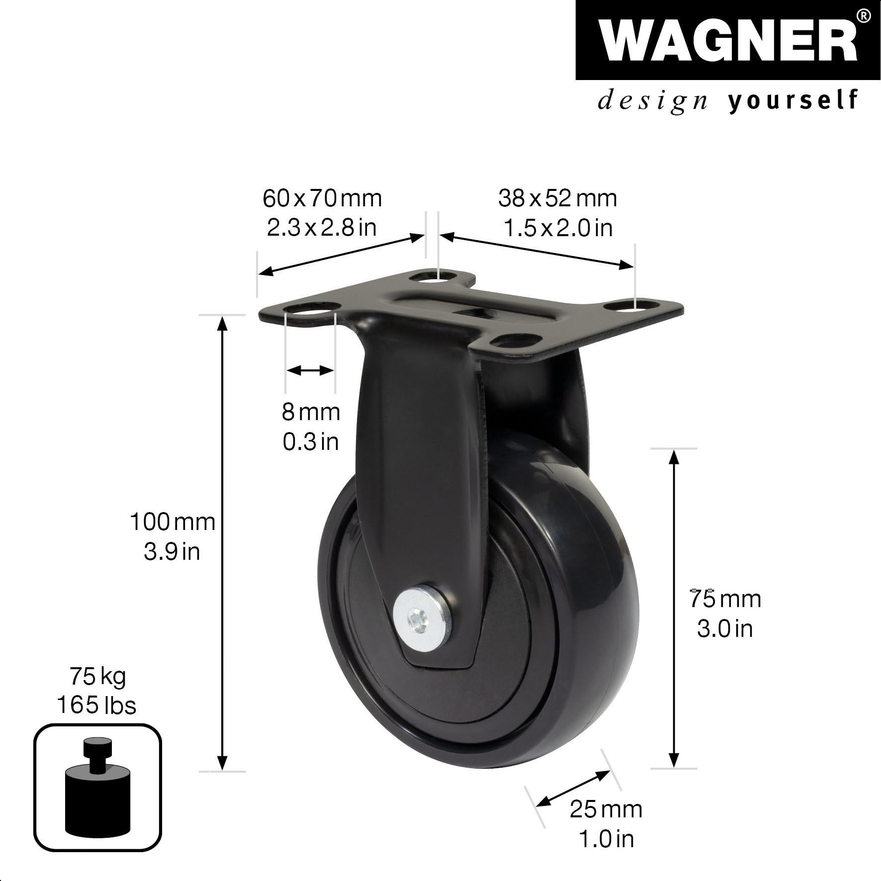 Wagner Design – 3C – rolka nośna/rolka transportowa/rolka meblowa – czarna, powierzchnia do toczenia, średnica Ø 75 mm, wysokość konstrukcyjna 100 mm, płyta przykręcana 60 x 70 mm, nośność 75 kg –