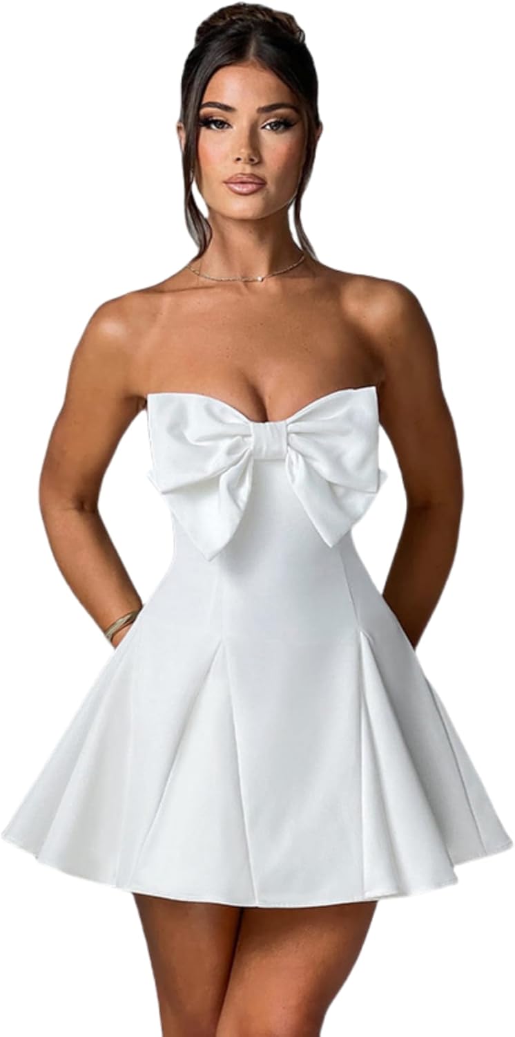 JUMISEE Women's Elegant Bow Strapless Homecoming Dress A Line Swing Tube Mini Dress Short Evening Party Prom Dress
