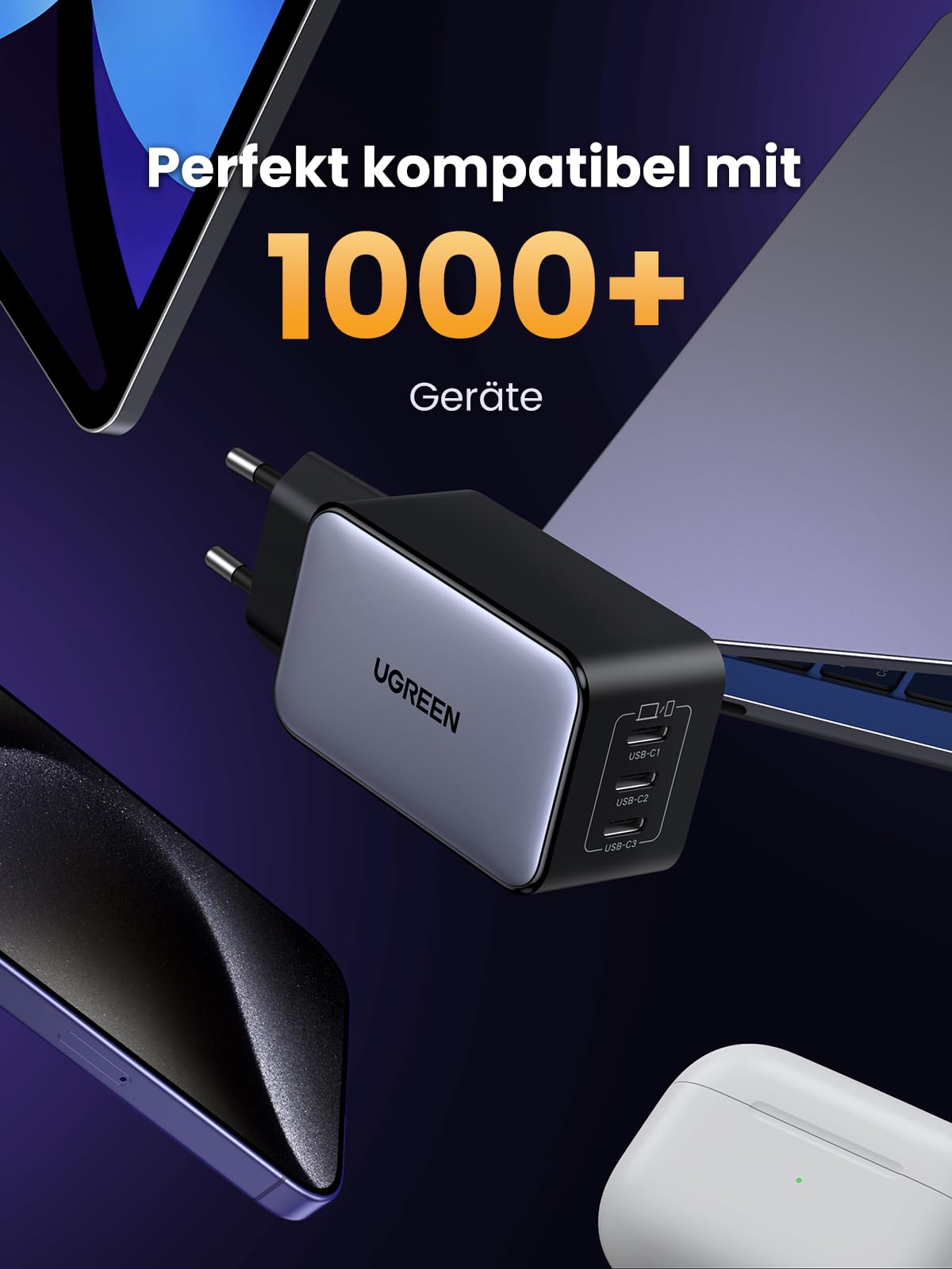 UGREEN Nexode USB C Ladegerät 65W GaN Netzteil mit 3X USB-C-Port Schnellladegerät Kompakt Charger kompatibel mit MacBook Pro/Air, HP Laptop, iPad, iPhone 17, Galaxy S24