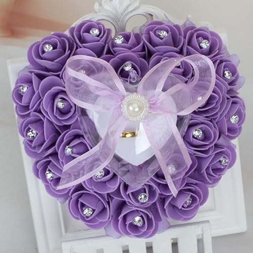 Cuscino per anelli per matrimonio, romantico, a forma di cuore, con anello di rosa, con nastro di raso, strass e fiocco, per anelli di nozze, colore lilla
