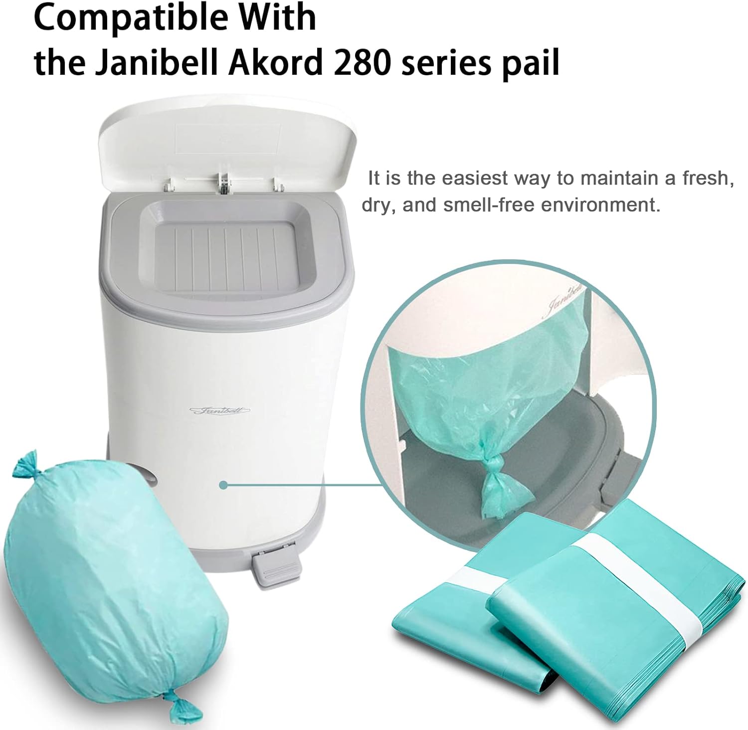 6 Pack of Diaper Disposal Liners Compatible with Janibell Brand Akord, 280 Slim Model Adult Refills, Continuous Liner System Eliminates Waste
