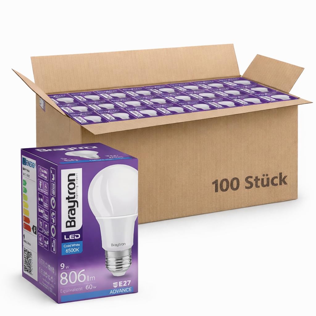 Braytron 9W Super Hell E27 LED Lampe, ersetzt 60 Watt, 6500K Kaltweiß A60 LED Birne 806LM, 220° Abstrahlwinkel, Nicht Dimmbar, 100 Stück Großpackung