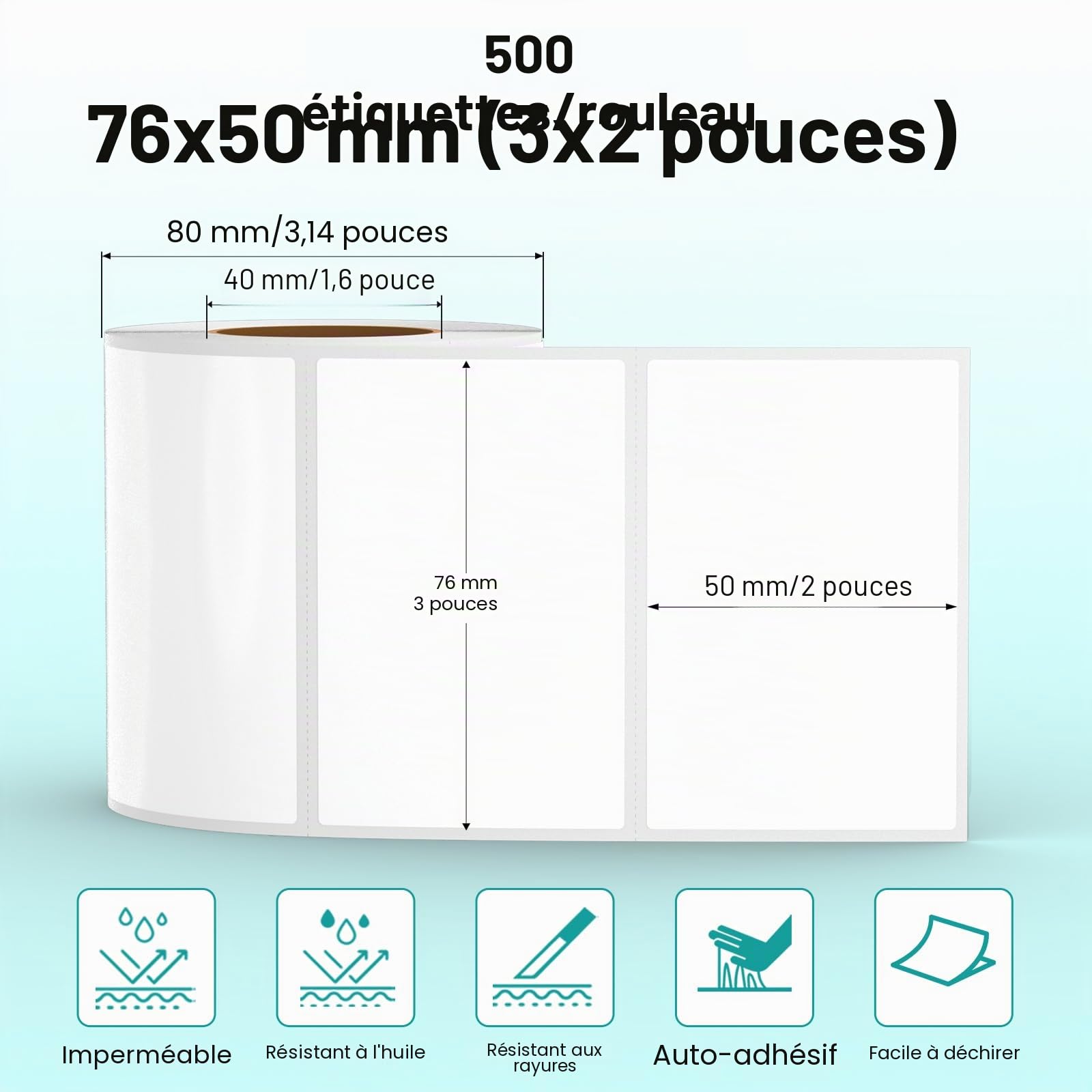 Étiquettes thermiques blanches en vinyle de 50 × 76 mm, rouleau rectangulaire auto-adhésif, adhésif pour adresses, résistant à l'eau, pour nom, code-barres, code QR, DIY, 500 unités