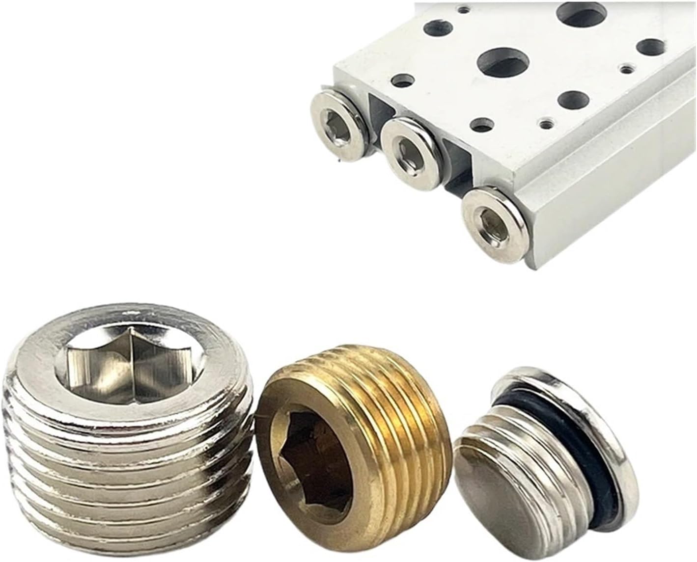 10-Piece Set of Brass hex Socket Plugs with Sealing Ring 1/8 1/4 3/8 1/2 3/4 External Thread Pneumatic Plug end Cap(Stainless02)