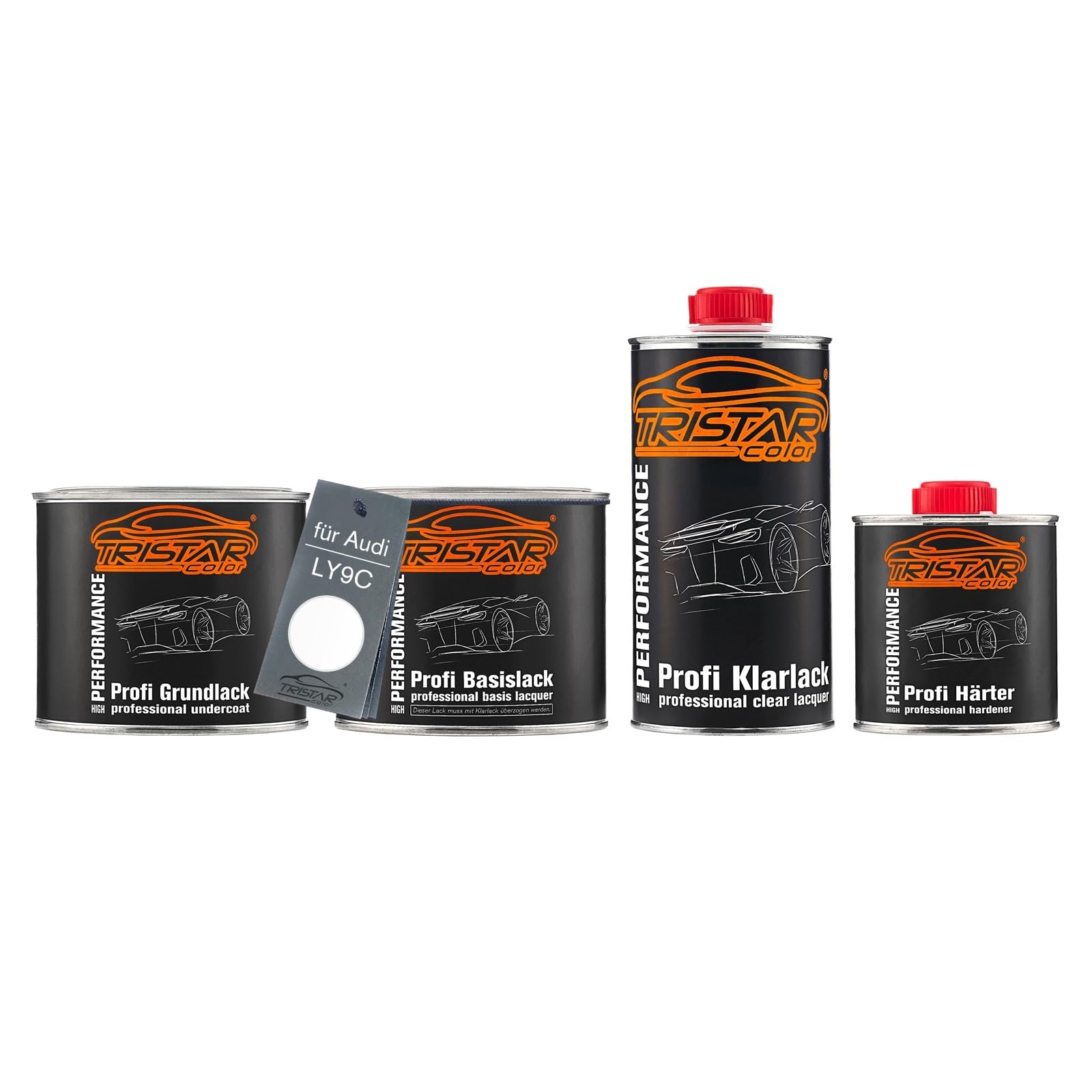 TRISTARcolor Autolack Dosen Set für Audi LY9C Ibisweiss/Blanc Ibis 1,75L | Set aus Grundlack + Basislack + 2K Klarlack + Härter, Literware, spritzfertig