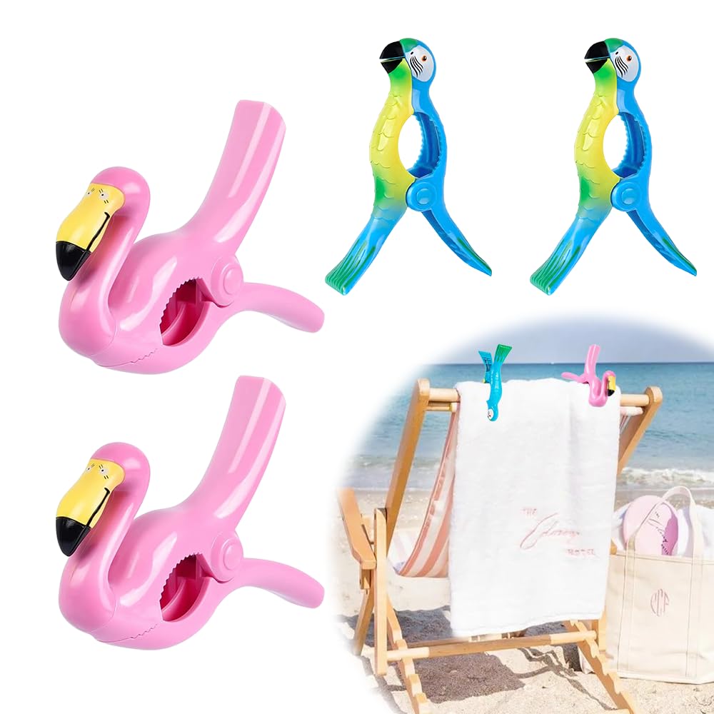 Udbrud 4pcs Towel Clips for Sun Loungers, Slipper Beach Towel Clips Strong Beach Chair Hanger Clips Laundry Clothes Clip Large Towel Pegs for outdoor balcony beach swimming pool (Flamingo)