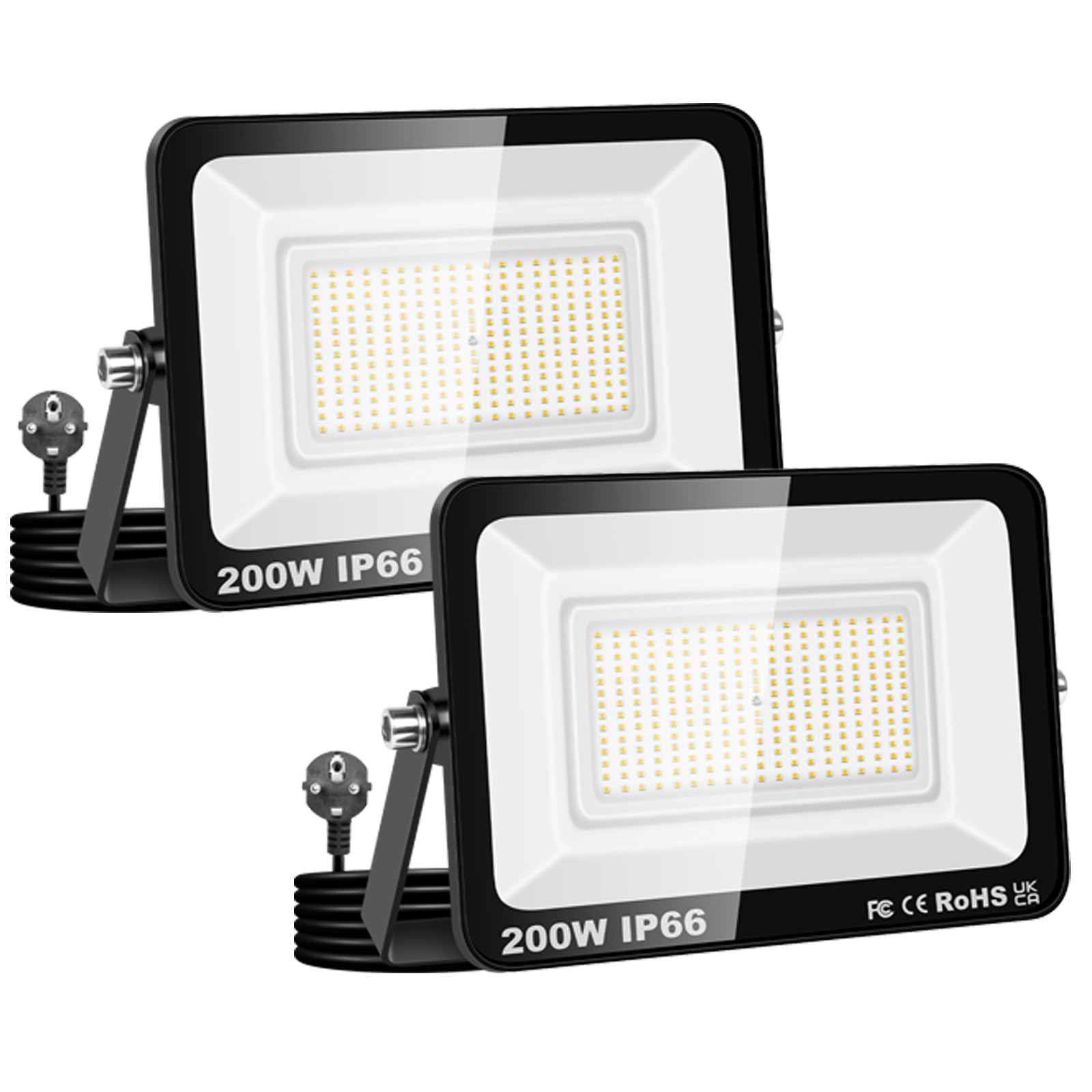 SKYWORLD 200W LED Außenstrahler 2x IP66 Wasserdicht | 4000K Kaltweiß | Superhell mit Stecker | Für Garten, Hof, Garageneinfahrt & Außenbereich