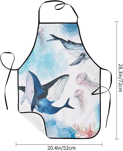 Miniatura 6 de Delantal estampado de ballenas marinas y medusas, delantal de cocina impermeable para mujer, cintura ajustable, con bolsillos, adecuado para el