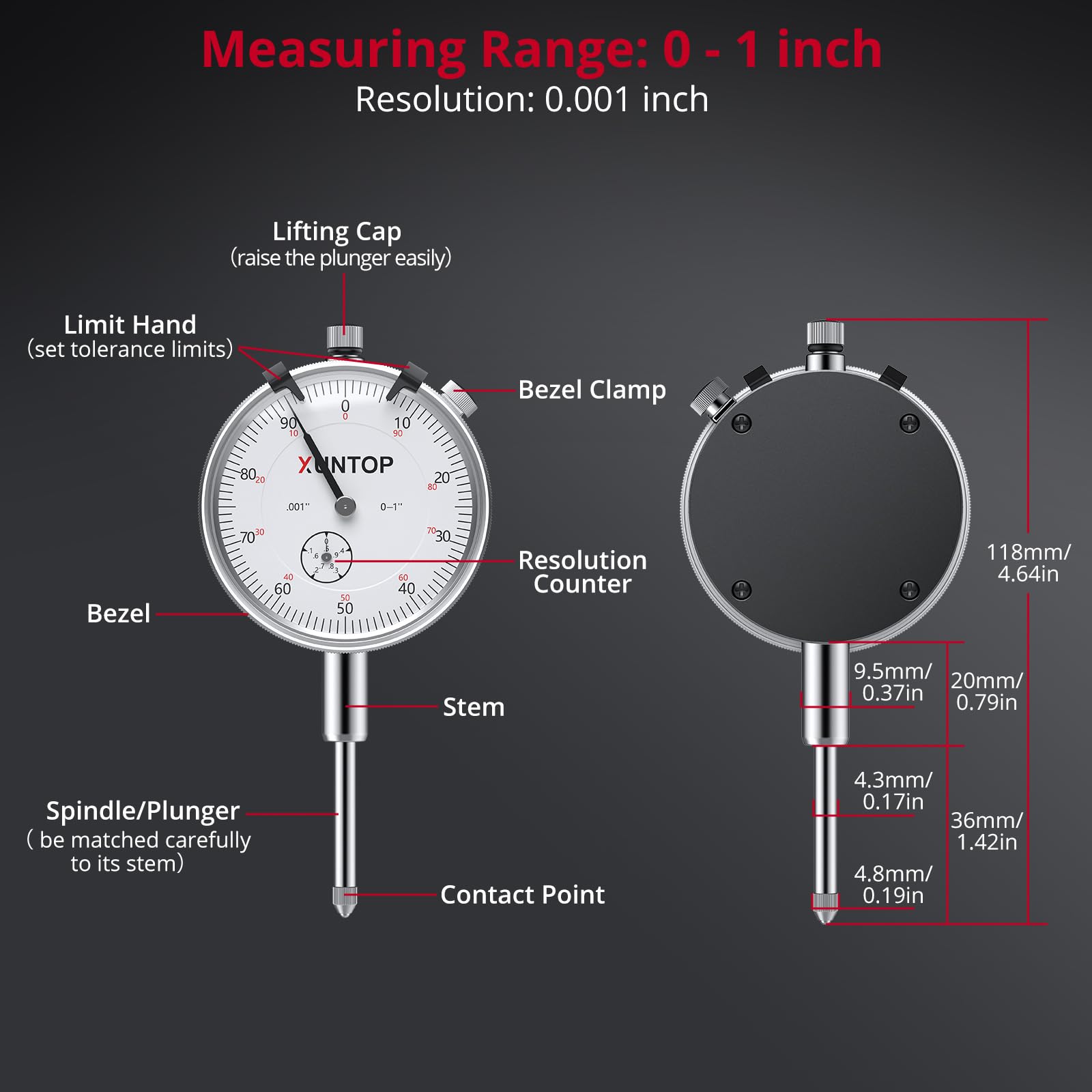 XUNTOP Reloj Comparador 0-20 mm Indicador de Cuadrante con 132lbs/60kg Base Magnetica Indicador de Dial de Alta Precisión de 0,01 mm para Torno Fresadora Ajuste de Herramienta Metrología