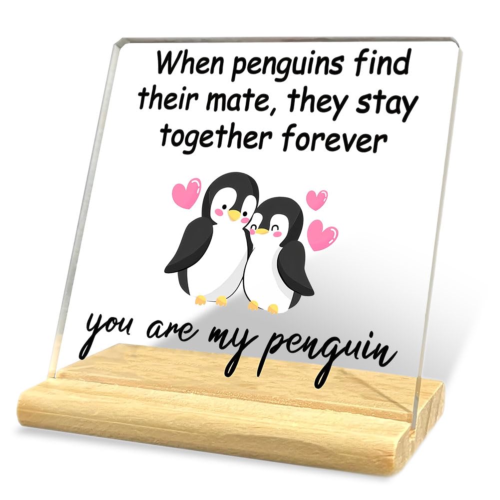 Myrkalatoy Red Penguin Gifts For Her Him, Anniversary Acrylic Plaque Gifts For Girlfriend Boyfriend, Penguin Plaque Gifts With Base, Romantic Valentines Birthday Presents For Boyfriend Girlfriend