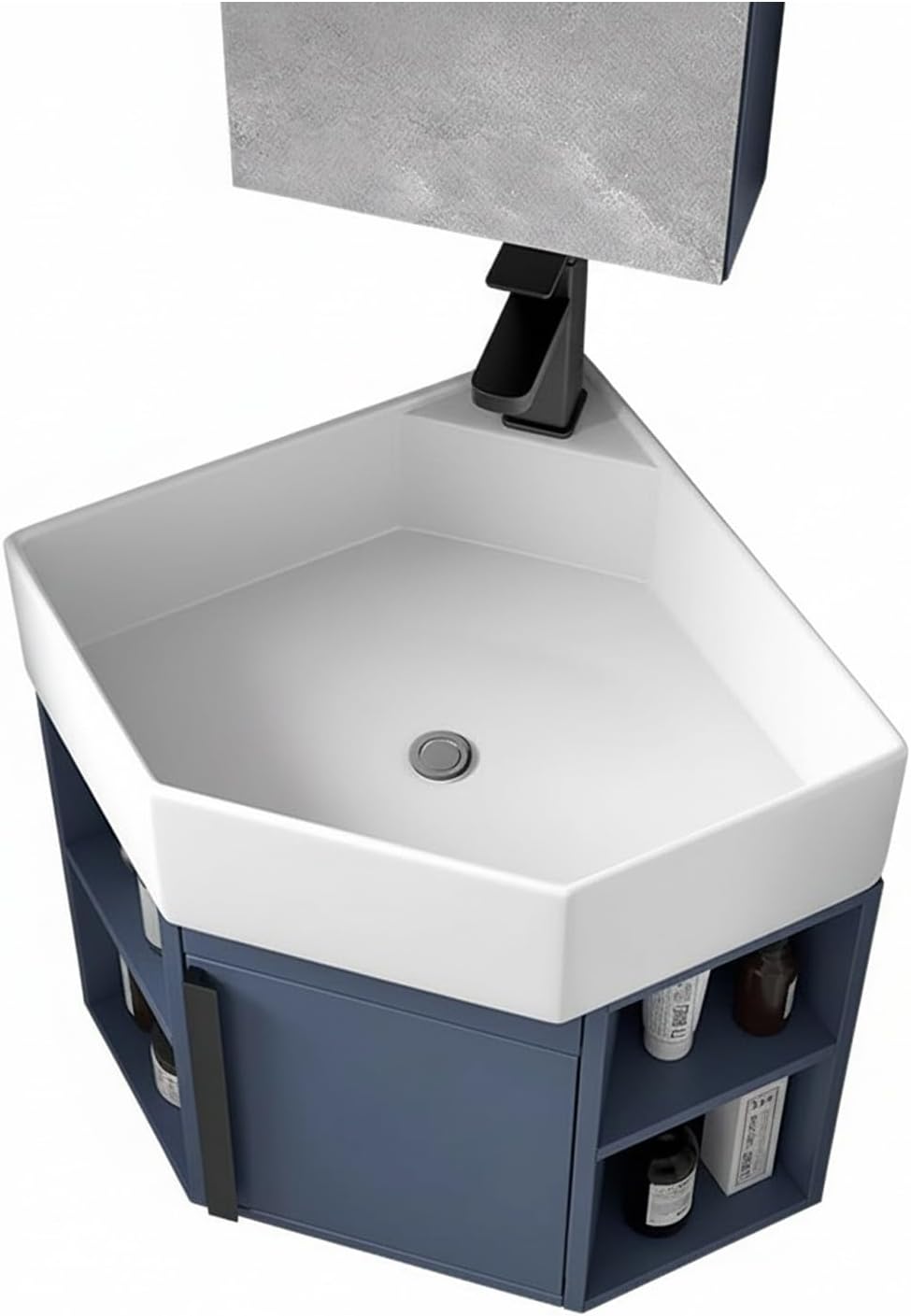 Small Corner Bathroom Vanity, Vessel Cabinet Sink Combo, Wall Mount Triangle Ceramic Counter Sinks,for Small Cloakroom, Space-Saving Design(Sink+Mirror Cabinet Package)