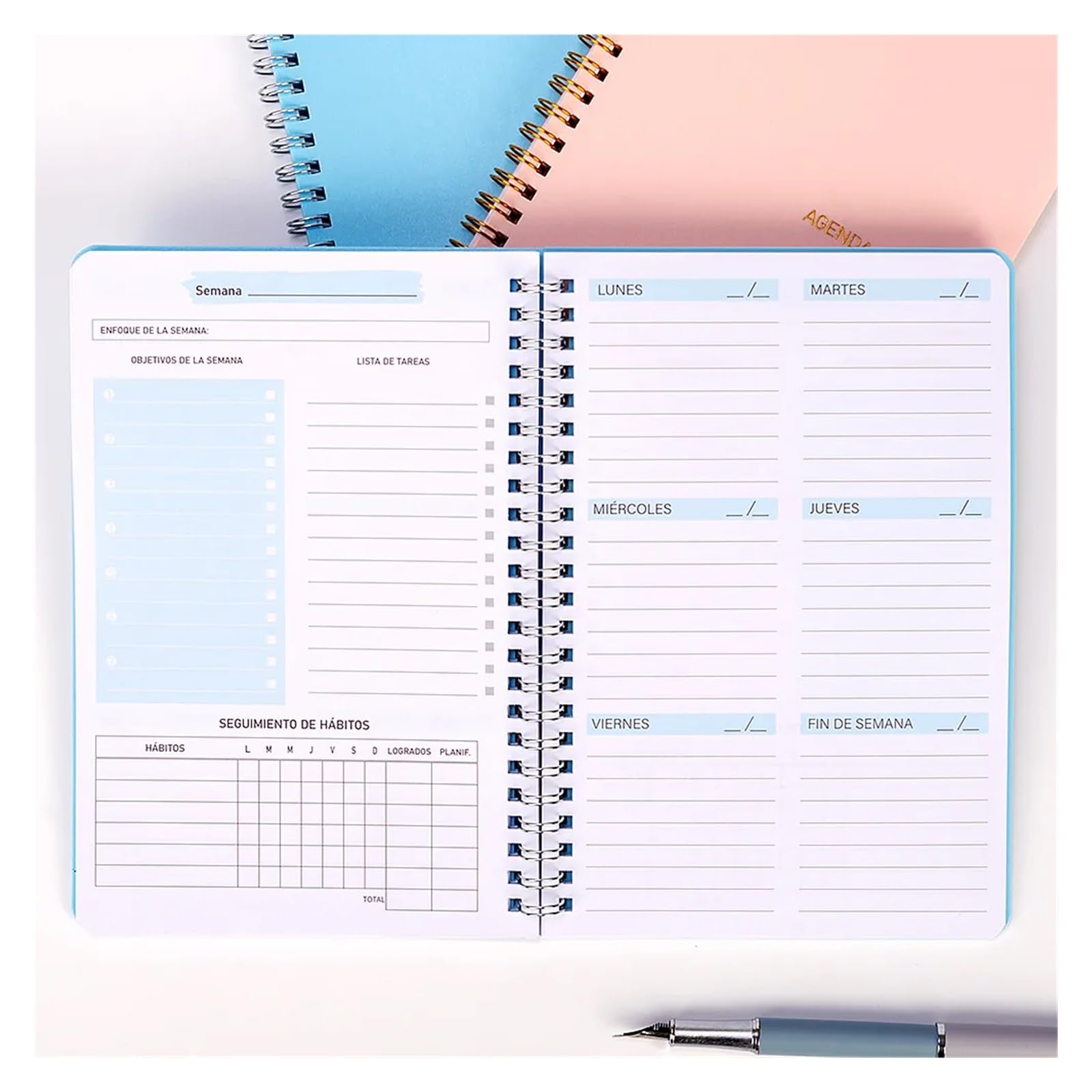 Inspirierendes Notizbuch 2 stücke A5 Agenda Planer Notebook Tagebuch Wöchentlich Planer Ziel Gewohnheit Zeitpläne Journal Notebooks for Schule Schreibwaren Büro(Pink-Spanish)
