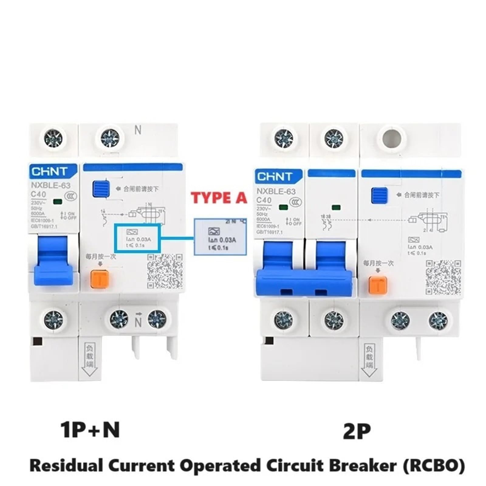 Interruttore differenziale tipo A NXBLE-63 RCBO 1P+N 2P 40A Stazione di ricarica Fotovoltaico Solare Tipo A(1P and N)