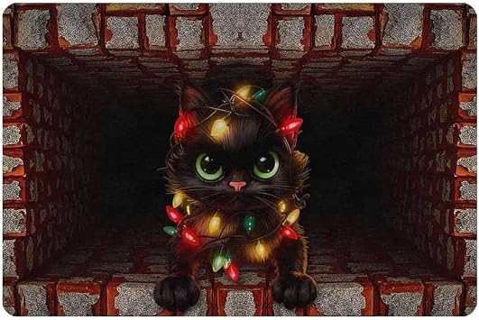 Black Cat with Christmas Lights in Chimney - Funny 3D Illusion Christmas Doormat - 24*16 Inch - Gifts Christmas Door Mat for Front Door - Welcome Mats for Entryway,Outdoor,Indoor - Exquisite Home Rug