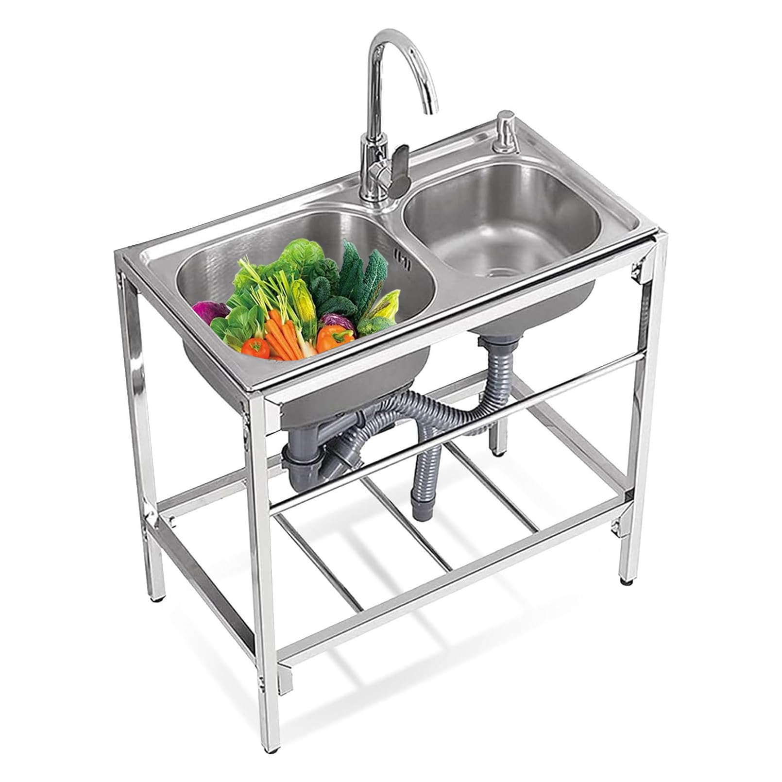 TAXXII Free-Standing Double Bowl Kitchen Sink, 304 Stainless Steel Utility Sink Outdoor Commercial Restaurant Free Standing with Faucet & Shelves Anti-Overflow 2 Compartment