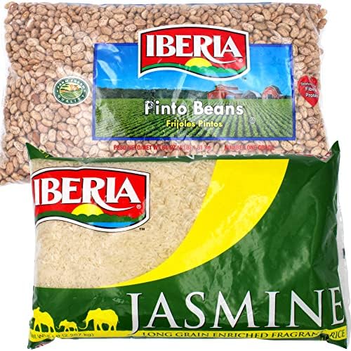Iberia Pinto Beans 4 lb, Bulk Pinto Beans, Long Shelf Life Pinto Beans with Easy Storage, Rich in Fiber & Potassium & Jasmine Rice, 5 lbs Long Grain Naturally Fragrant Enriched Jasmine Rice, White