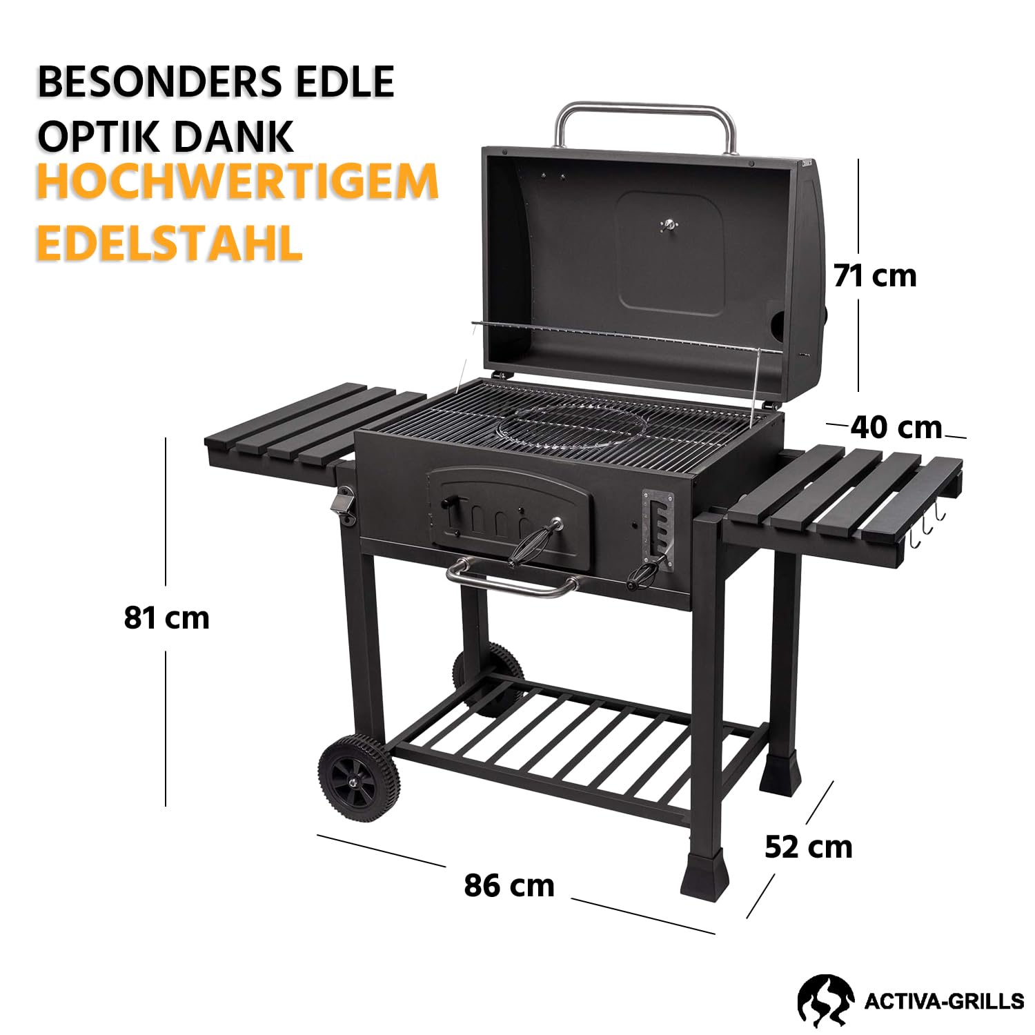 ACTIVA Holzkohlegrill Angulatus I Holzkohlegrill mit Deckel, verstellbarer Kohlewanne & Thermometer I Grillwagen für ein gelungenes Barbecue