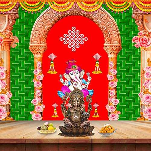 Image of SATVIK 8x5ft. Fabric Backdrop for Indian Pooja Decor Ganpati Photo Traditional Puja Cloth Backdrop Mehndi Diwali Festival Marigold Flower Garland Tulle Curtain Wedding Bridal Baby Shower Wall Banner