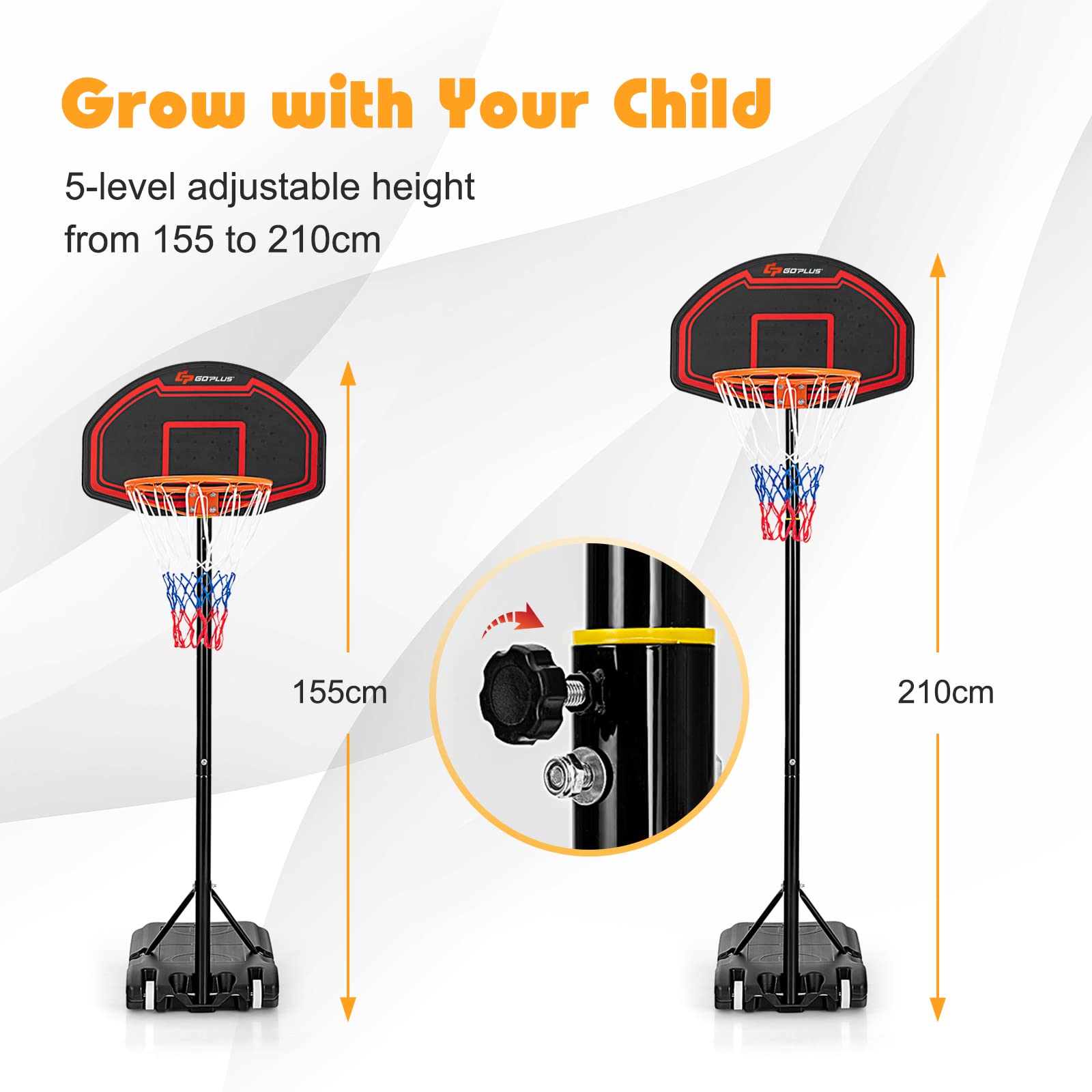 GYMAX Canestro per Bambini, 155-210 cm, Canestro per Bambini con 5 Livelli di Altezza, Rete Durevole e Tabellone Resistente, Canestro per Uso Interno ed Esterno, Facile da Montare