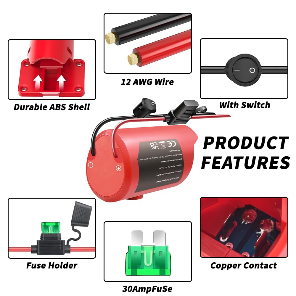 Lot de 2 adaptateurs de batterie compatibles avec Milwaukee M12 12 V avec fusible et interrupteur, convertisseur de puissance de fil 14 AWG pour camions télécommandés, voitures télécommandées
