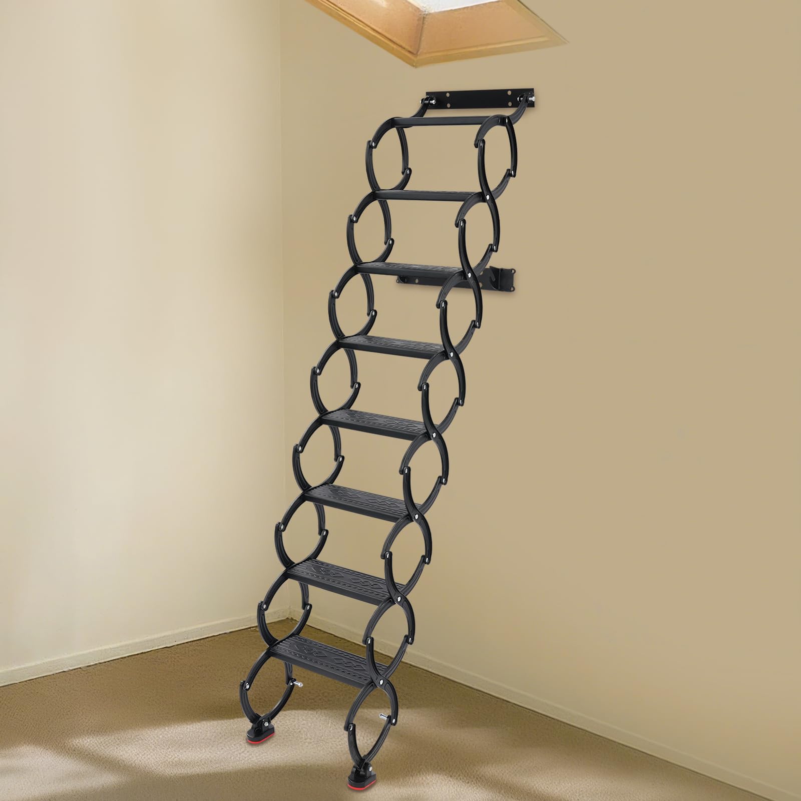 Escalera plegable montada en la pared, escalera desplegable para ático, escaleras de acordeón para desván de 8 peldaños, capacidad de carga por escalón de 200 kg, de suelo a techo 220 cm, para