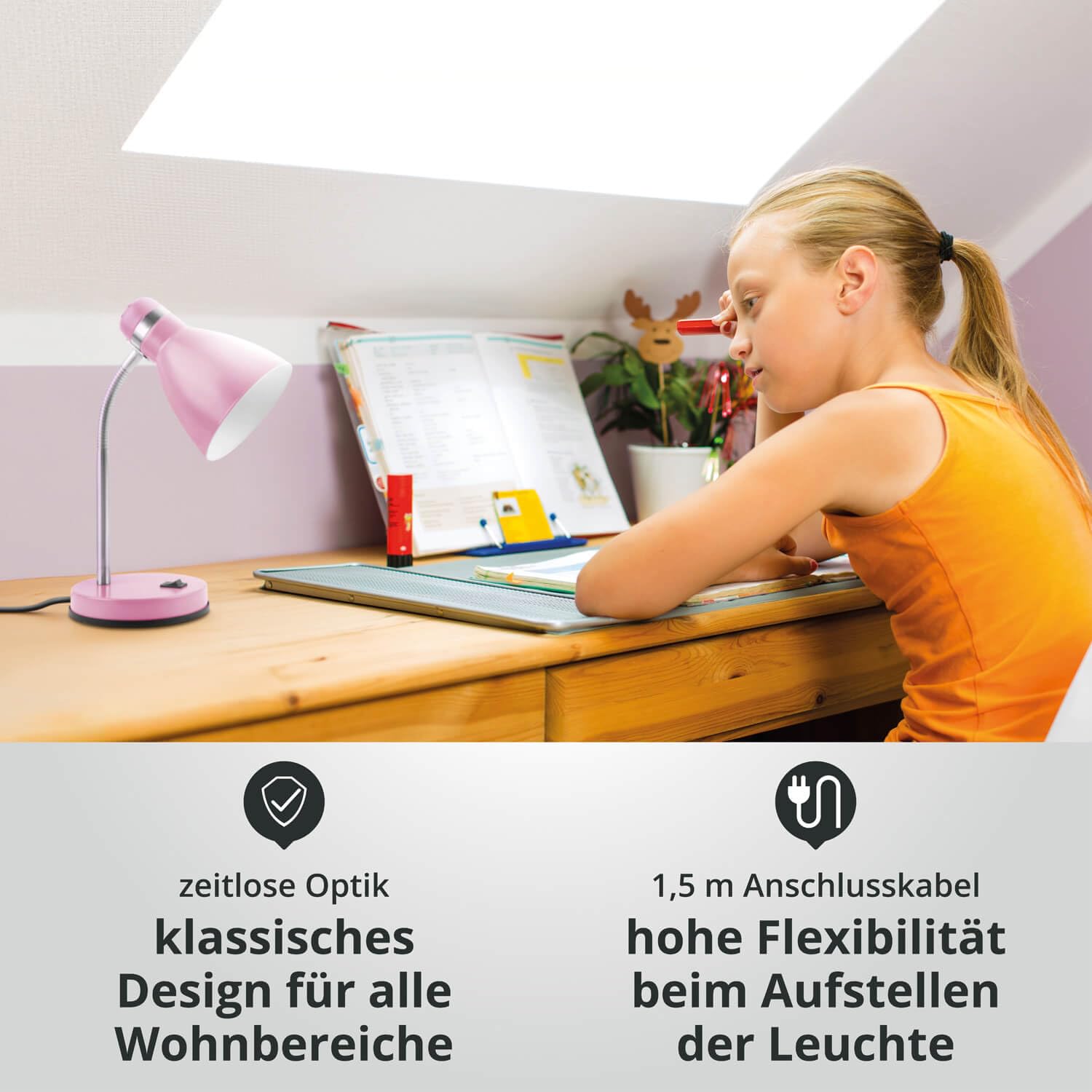 LED Universum Lampa stołowa jaśmin do LED E27 źródło światła maks. 40 W (nie wchodzi w zakres dostawy) lampka do czytania lampa do pokoju dziecięcego, lampa biurkowa metalowa, 1,5 m kabel