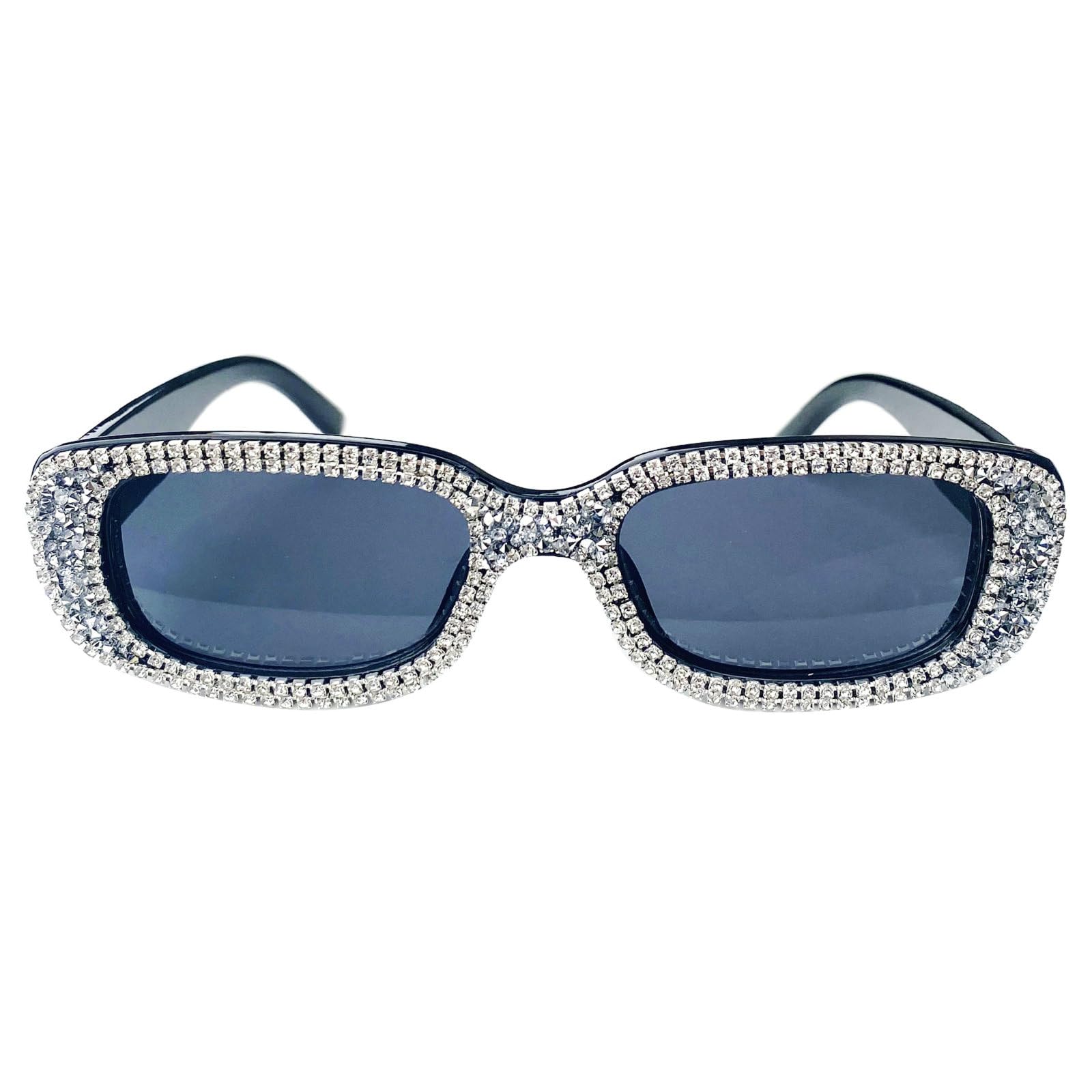 90s Retro Rectangle Diamond Sunglasses for Women Men Square Vintage Frame Trendy Rhinestone Sun Glasses UV Protection (black)