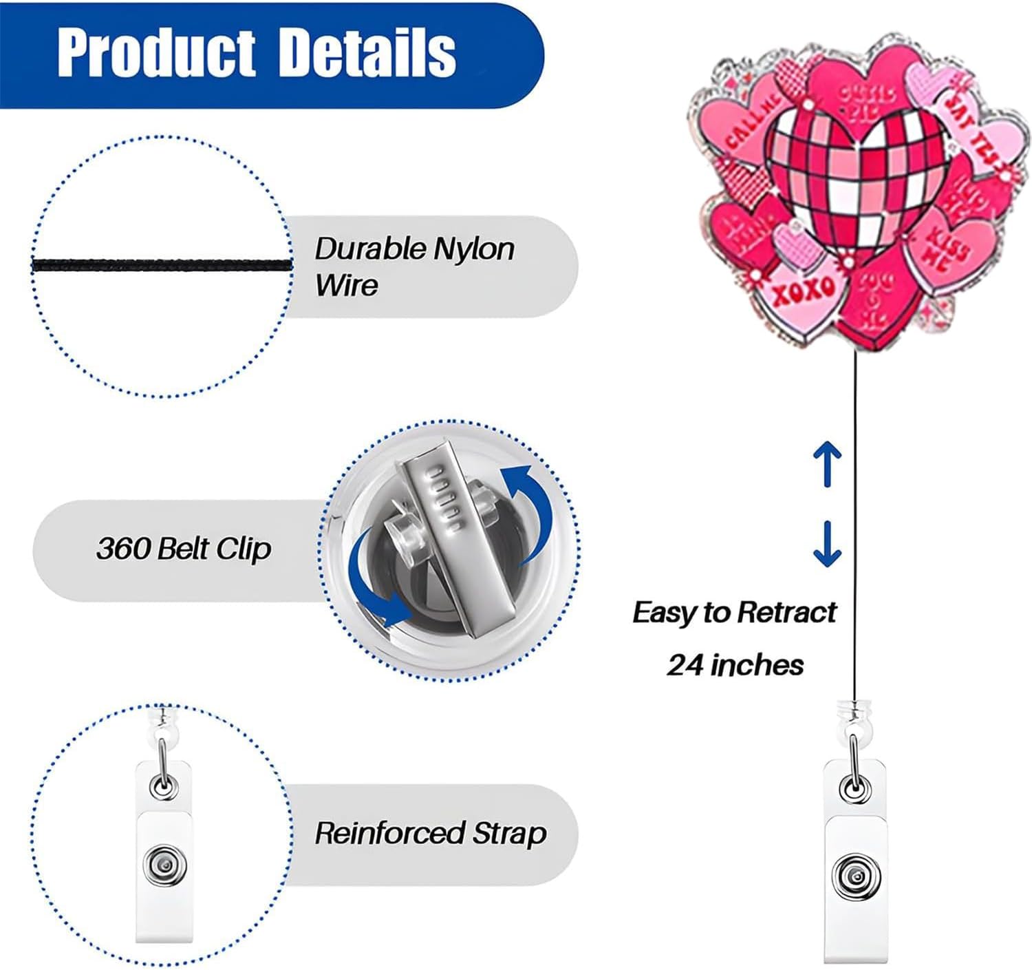 Valentine's Badge Reels Pink Heart Badge Reels Retractable Acrylic Glitte Retractable Badge Holder with 360 Rotating Clip Heart Badge Clip Valentines Holiday ID Badge Holder for Nurse Doctor Gift - Image 3