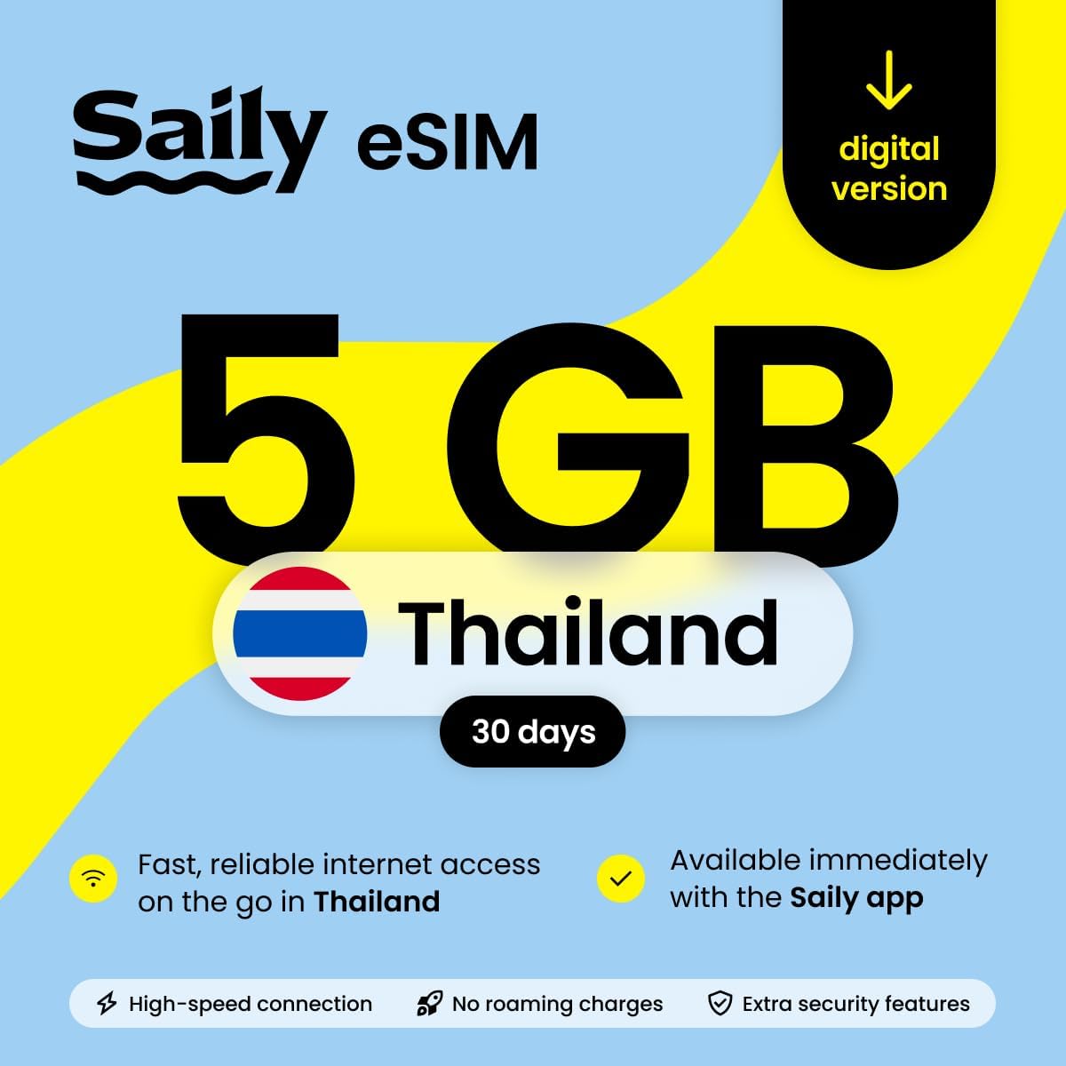 Saily, eSIM Data Plan for Thailand, 5GB/30 Days, Security Features, Digital Code